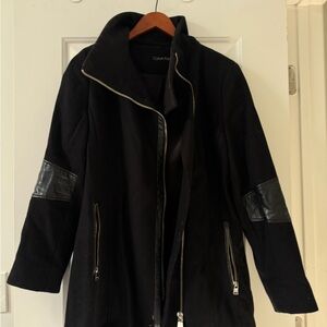 Calvin Klein Women's Black Trench Coat with Leather Accents